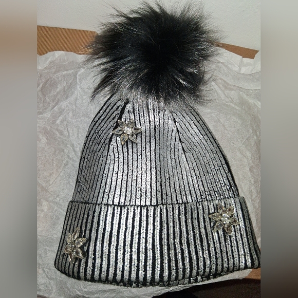 Silver and Black Beanie with Pom Pom